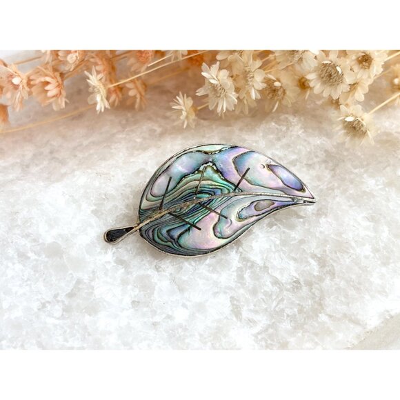 Leaf Shaped Beto of Taxco Abalone Shell Inlay Vintage Sterling Silver Brooch - Picture 10 of 10